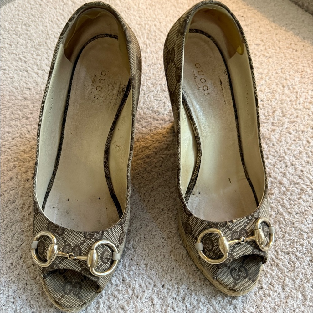Gucci Brown Monogram Peep-Toe Wedge Espadrilles - Picture 5 of 12
